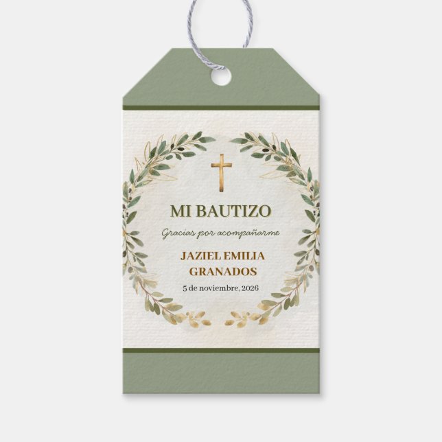 Etiqueta de Regalo de Bautizo Personalizada Verde (Anverso)
