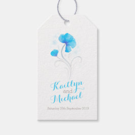 Etiqueta de regalo de boda azul giratoria de flor 