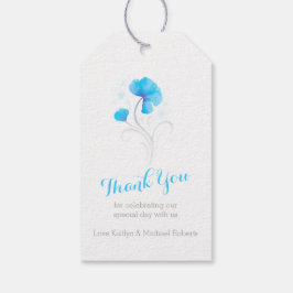 Etiqueta de regalo de boda azul giratoria de flor