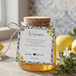 Etiqueta de regalo de boda con azulejo azul y limó