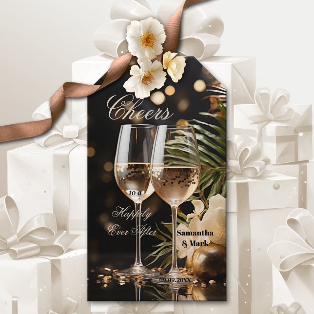 Etiqueta de regalo de Boda festivo con aguafiestas (Elegant wedding gift tag featuring festive drinks with sparkling lights and flowers - newly weds)