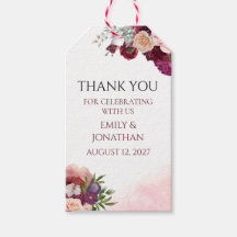 Etiqueta de regalo de boda floral acuarela Burdeos