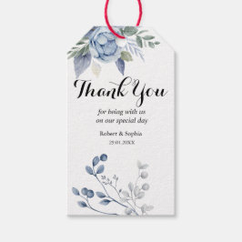 Etiqueta de regalo de boda floral azul polvoriento
