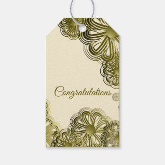Etiqueta de regalo de boda floral en oro antiguo