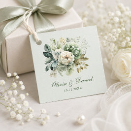 Etiqueta de regalo de boda floral suave verde salv