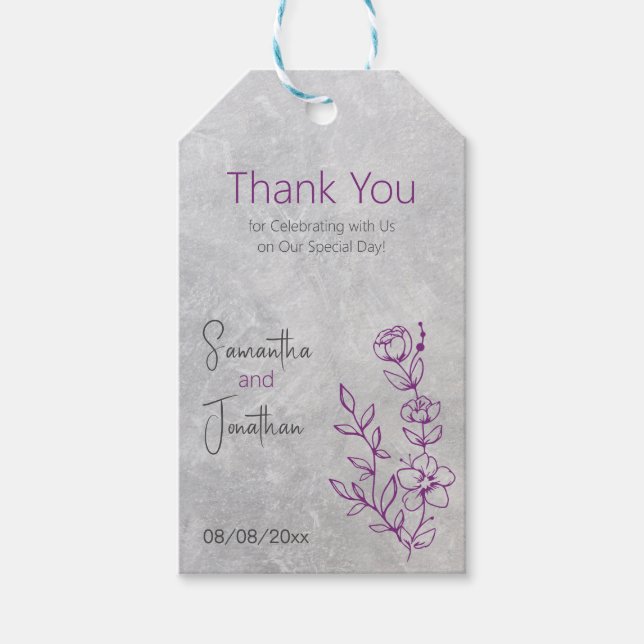Etiqueta de regalo de Boda gris y púrpura (Anverso)