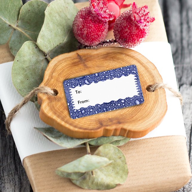 Etiqueta de regalo de caída de agua azul abstracta (Abstract deep blue and white water cell look gift tag label.)