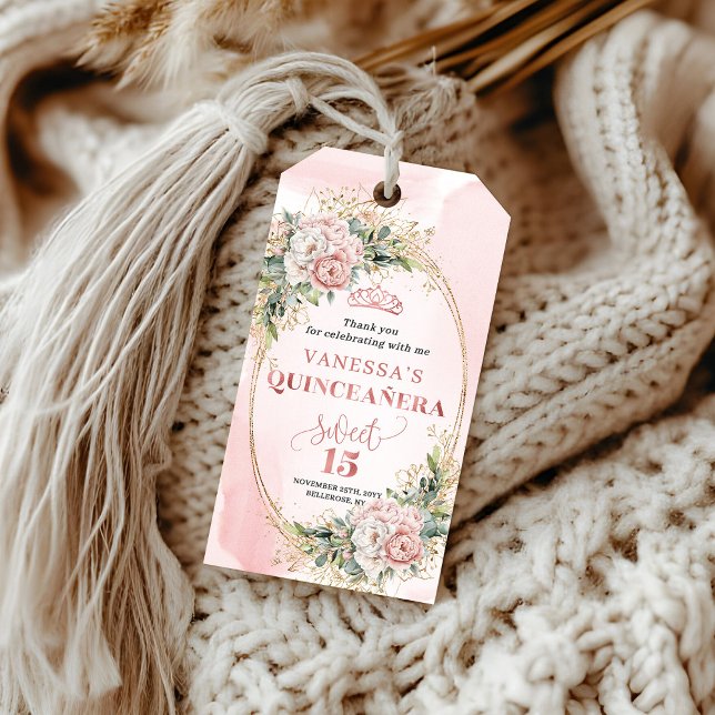 Etiqueta de regalo de celebración Mis Quince Boho  (Mis Quince Boho Celebration Gift Tag Blush Pink Floral)