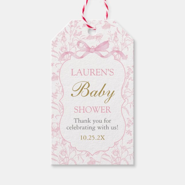 Etiqueta de regalo de Chica Baby Shower Bow rosa (Anverso)