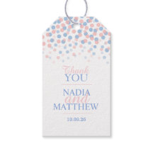 Etiqueta de regalo de color rosa y azul con el nom