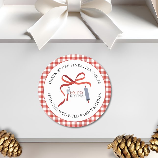 Etiqueta de regalo de comida casera con recetas de (Holiday Recipes Red Check Green Stuff -or Your Recipe- Christmas Food Gift Sticker)