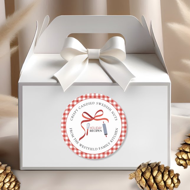 Etiqueta de regalo de comida casera con recetas de (Holiday Recipes Red Check Swedish Nuts Christmas Food Gift Sticker)