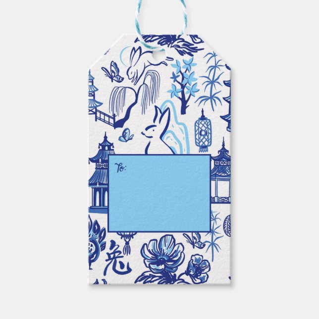 Etiqueta de regalo de conejo chino azul y blanco (Anverso)