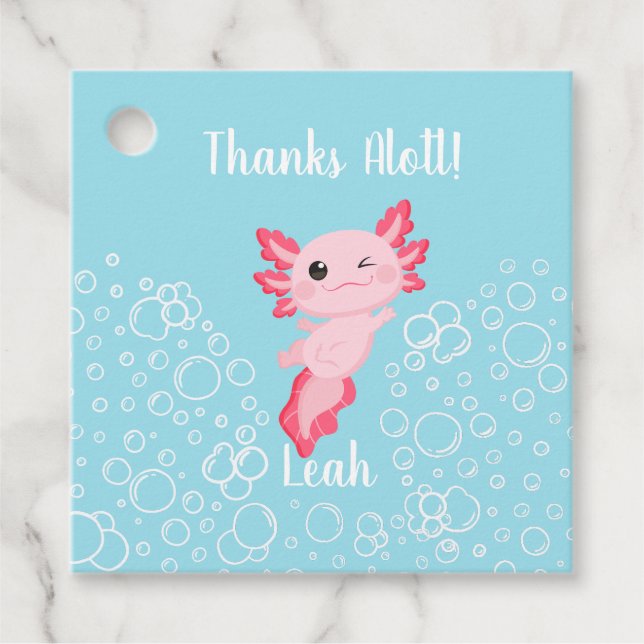 Etiqueta de regalo de cumpleaños de Axolotl rosa y (Anverso)