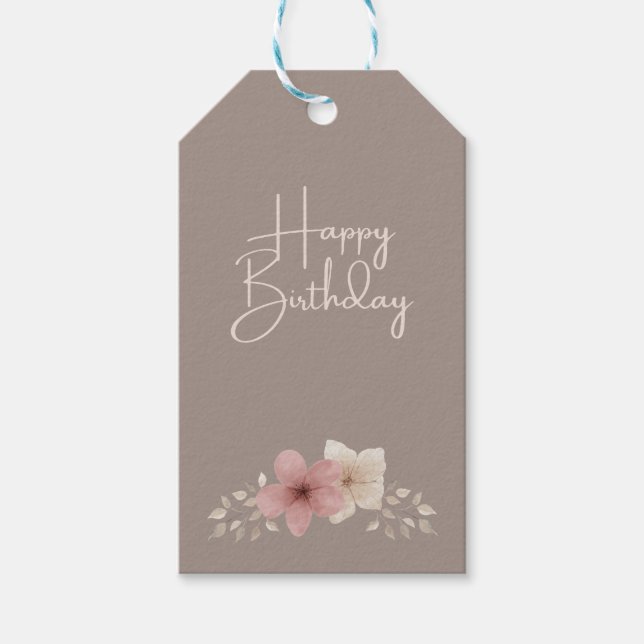 Etiqueta de regalo de cumpleaños floral beige y ro (Anverso)