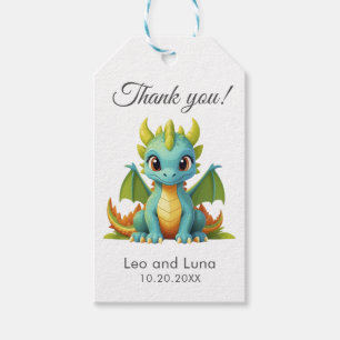 Etiqueta de regalo de dragón verde azul caprichosa