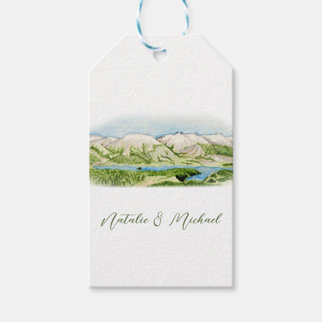 Etiqueta de regalo de escenas de la montaña acuare (Anverso)