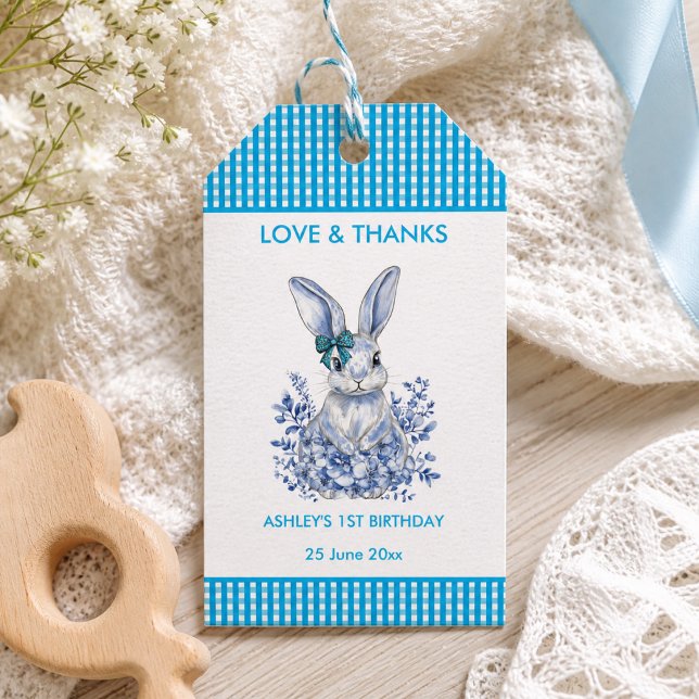 Etiqueta de regalo de fiesta de cumpleaños 1er con (Blue Floral Rabbit 1st Birthday Party Gift Tag)