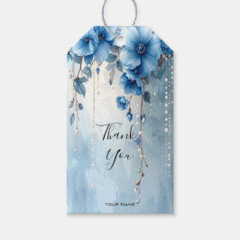 Etiqueta de regalo de flores azules y perlas