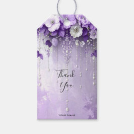 Etiqueta de regalo de flores púrpuras con perlas c