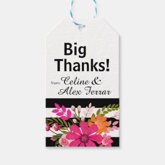 Etiqueta de regalo de flores rayadas en blanco y n