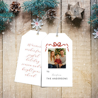 Etiqueta de regalo de foto de Navidad con lazo de 