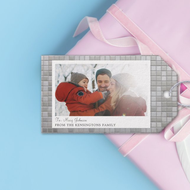 Etiqueta de regalo de fotografía de familia con te (Custom Disco-Themed Family Photo Gift Tag)
