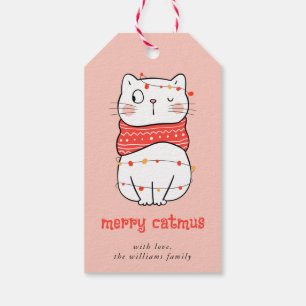 Etiqueta de regalo de gato lindo con luces de cade