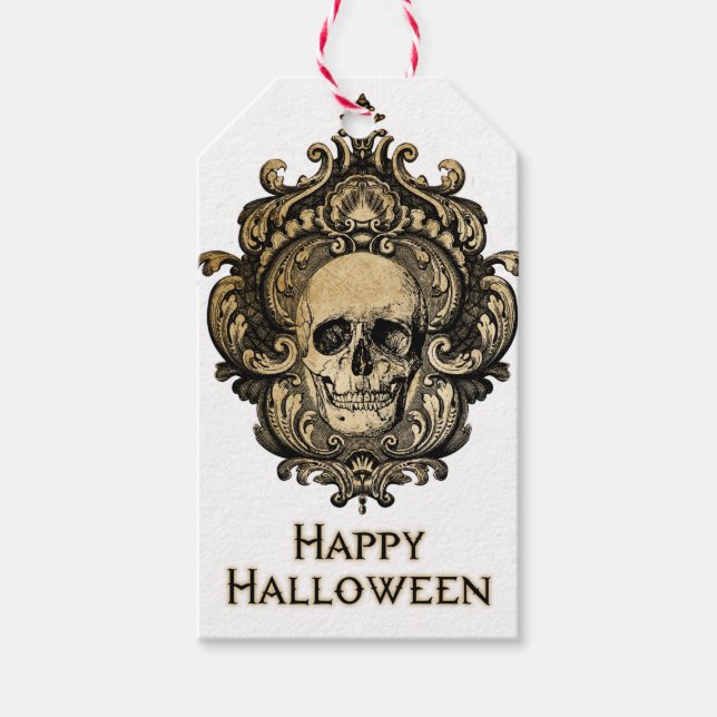 Etiqueta de regalo de Halloween con cráneo gótico  (Anverso)