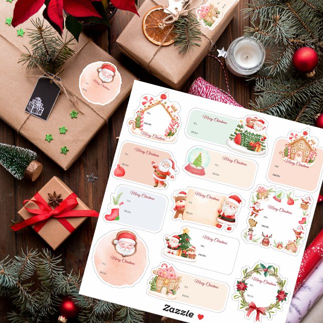 Etiqueta de regalo de los Navidades de vacaciones  (Santa Gingerbread House Holiday Christmas Gift Tag Sticker)