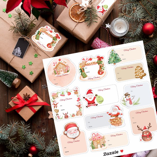 Etiqueta de regalo de los Navidades de vacaciones  (Santa Gingerbread House Holiday Christmas Gift Tag Sticker)