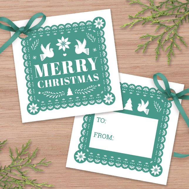 Etiqueta de regalo de los Navidades mexicanos Pape (Papel Picado Mexican Christmas Gift Tag by Fiesta Valley Print)