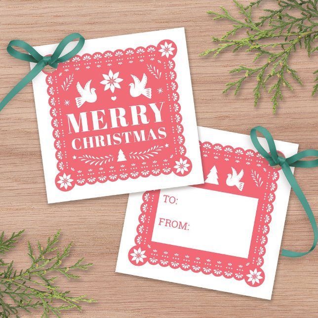 Etiqueta de regalo de los Navidades mexicanos Pape (Papel Picado Mexican Christmas Gift Tag by Fiesta Valley Print)