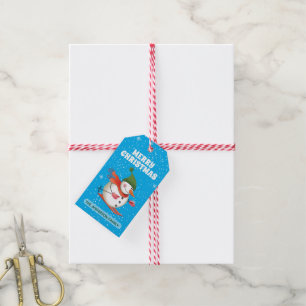Etiqueta de regalo de muñeco de nieve esquiando