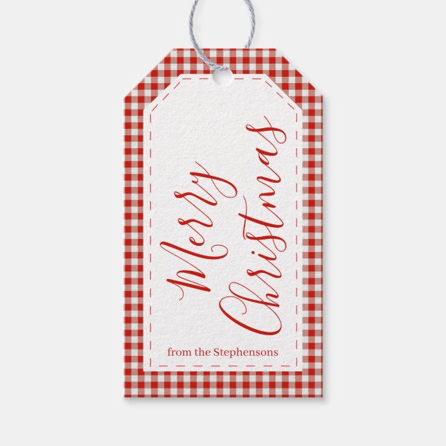 Etiqueta de regalo de Navidad alegre Gingham Rojo (Anverso)