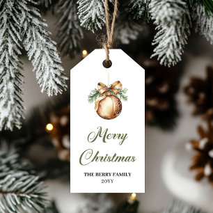 Etiqueta de regalo de Navidad con bola verde y dor