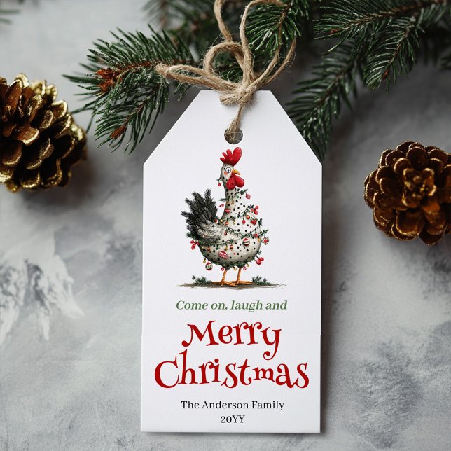 Etiqueta de regalo de Navidad de gallinas divertid (Funny Chickens Christmas Gift Tag Custom Name)