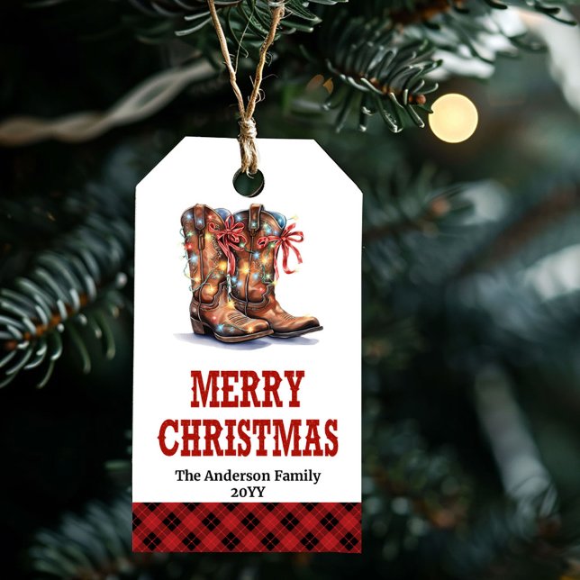 Etiqueta de regalo de Navidad occidental rústica b (Rustic Western Christmas gift tag with cowboy hat)