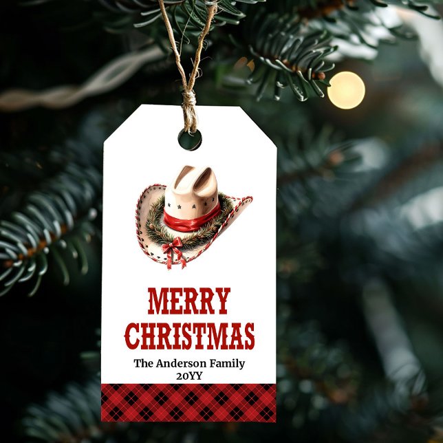 Etiqueta de regalo de Navidad occidental rústica c (Rustic Western Christmas gift tag with cowboy hat)