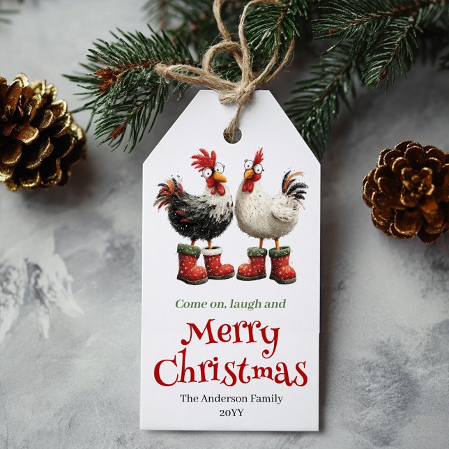 Etiqueta de regalo de Navidad personalizada con ga (Quirky Chickens Xmas Gift Tag Custom Design)