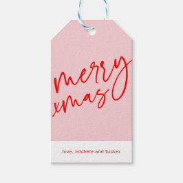 Etiqueta de regalo de navidad roja y rosa de Feliz