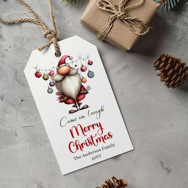 Etiqueta de regalo de Papá Noel divertida y capric (Whimsical funny Santa gift tag red green style

)