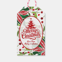 Etiqueta de regalo de poinsettia roja y verde