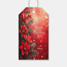 Etiqueta de regalo de poinsettias rojas y bayas