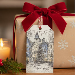 Etiqueta de regalo de pueblo navideño vintage, Nav