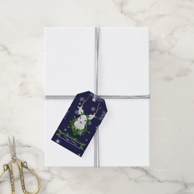 Etiqueta de regalo de reno azul (Con cuerda)