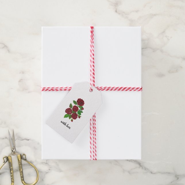 etiqueta de regalo de rosas rojas (Con cuerda)