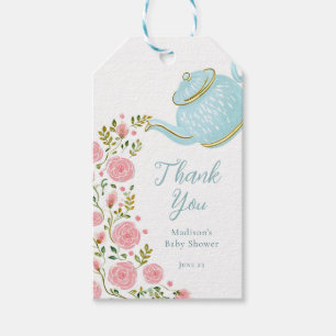 Etiqueta de regalo de rosas rosadas Aqua Tea Pot
