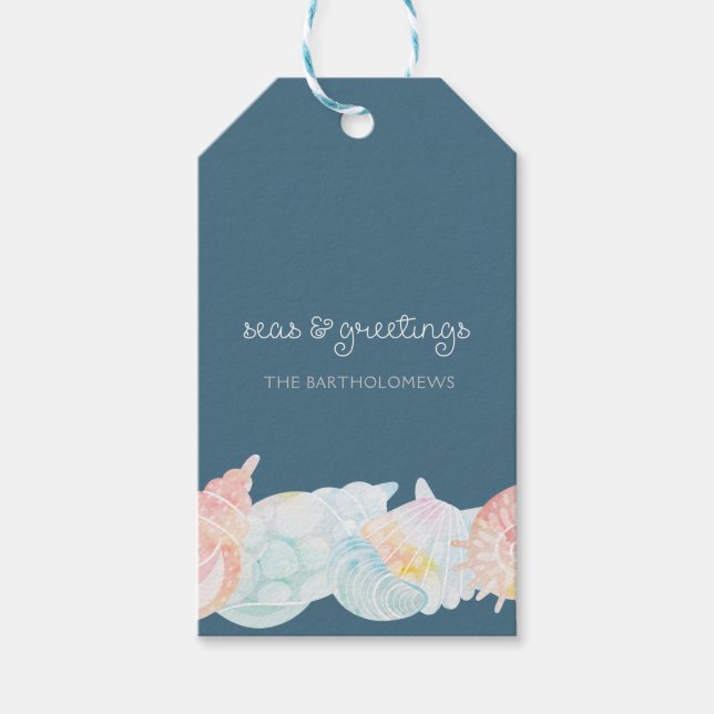 Etiqueta de regalo de saludo y de mar acuarela (Anverso)