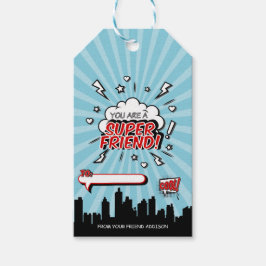 Etiqueta de regalo de súper héroe amigo cómico Val